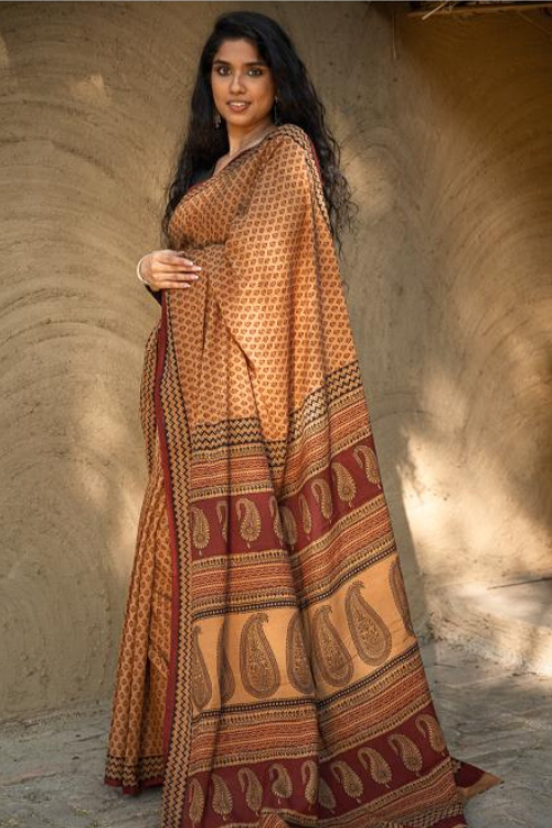 TICH Exclusive Bagh Hand Block Printed Cotton Saree - Buds