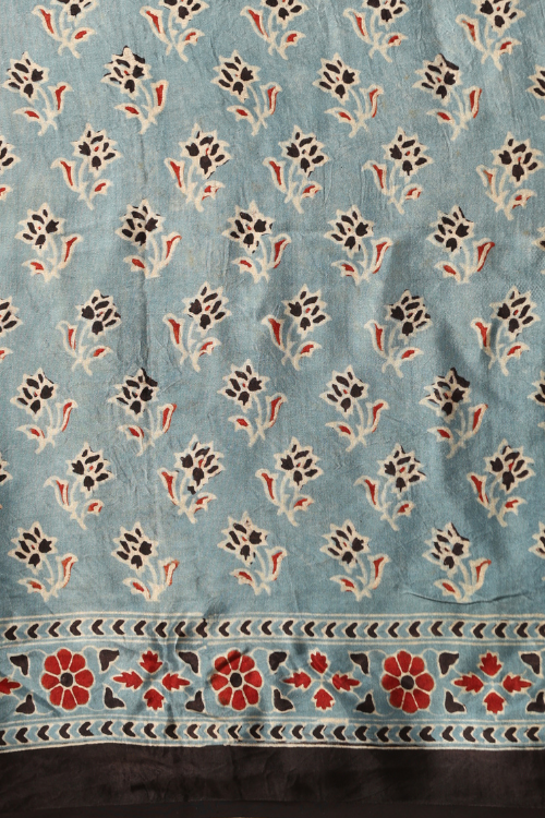 Riyaz Khatri Traditional Ajrakh Hand Block Printed And Natural Dye Modal Saree With Beautiful Tassels - Light Indigo Blue