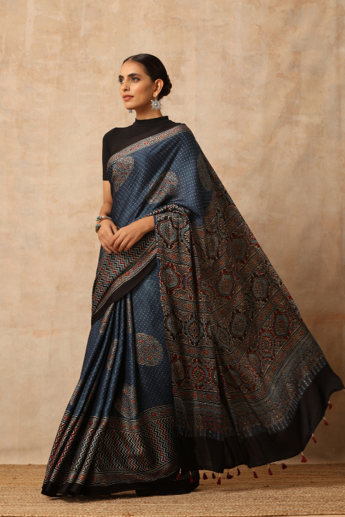 Tenaaro Ajrakh Hand Block Printed Modal Satin Saree (Indigo Blue-14)