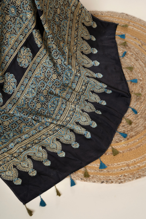 Jahangir Khatri-Traditional Ajrakh Hand Block Printed & Natural Dyed Modal Saree With Tassels - Black