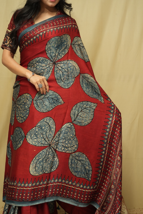 Red Ajrakh Print Tissue Pallu Modal Saree | Jabbar Khatri