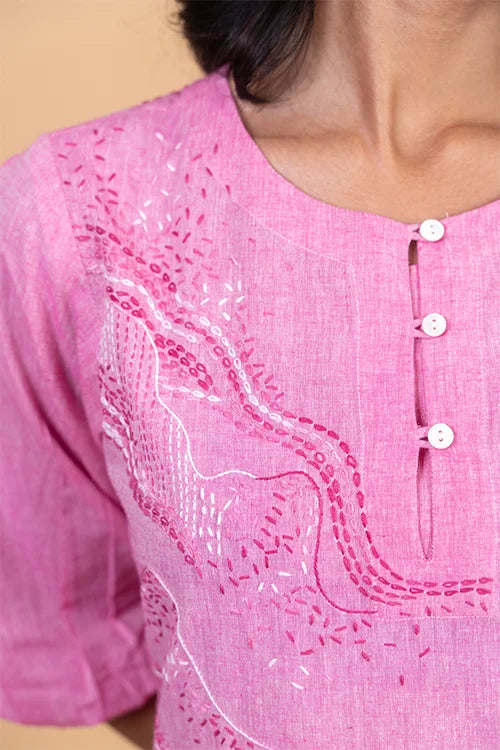 Okhai 'Hibiscus' Hand Embroidered Pure Cotton Kurta