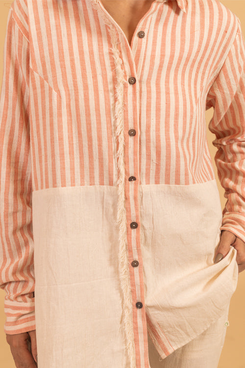 Moralfibre Frayed Trim Placket Shirt From "Shapes Collection " - Ecru & Peach