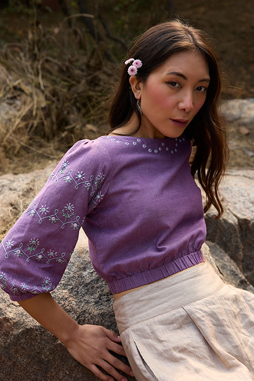 Okhai 'Oorja' Hand-Embroidery and Mirrorwork Pure Cotton Purple Top