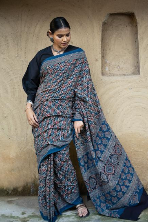 TICH Classic Elegance. Ajrakh Hand Block Printed Cotton Mul Saree - Blue Diamond