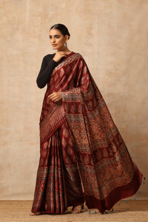 Tenaaro Ajrakh Hand Block Printed Modal SatinSaree