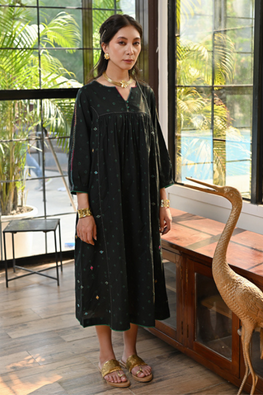 Kaanch Puff Sleeve Bandhej And Embroidered Black Dress