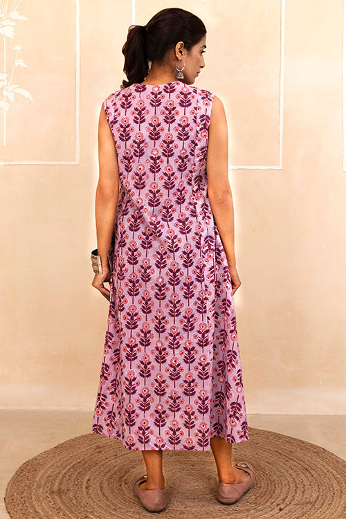 Shuddhi Lilac Bloom Handblock A-Line Dress