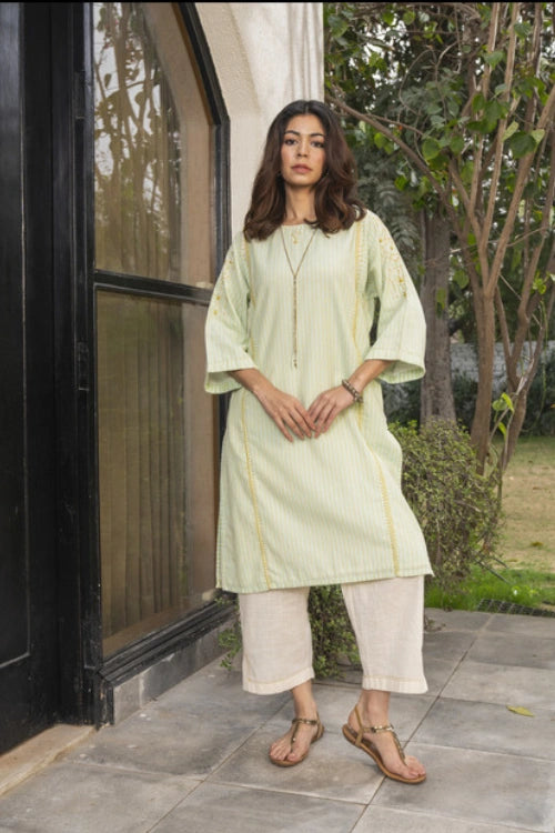 Rangsutra Suhani Mint A-Line Cotton Kurta With Soof Hand Embroidery