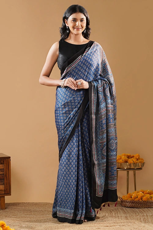 TENAARO Lotus Indigo Ajrakh Hand Block Printed Modal Silk Saree