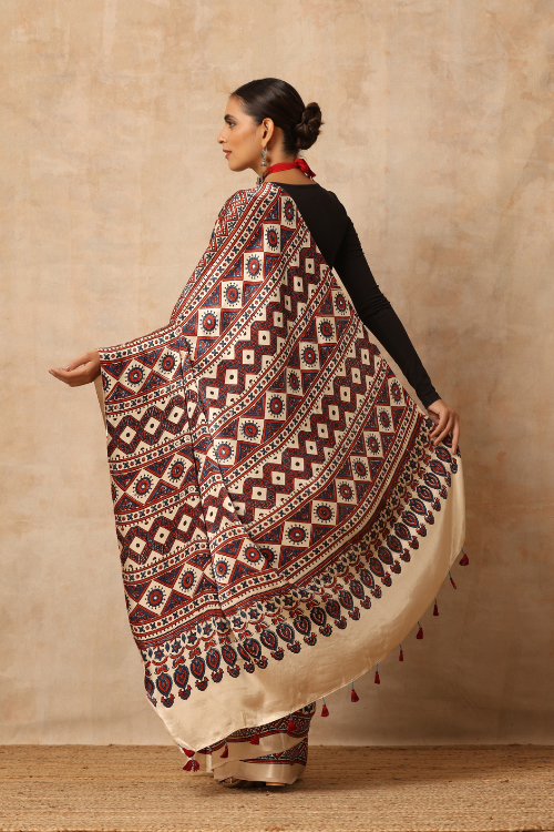 Tenaaro Ajrakh Hand Block Printed  Modal SatinSaree