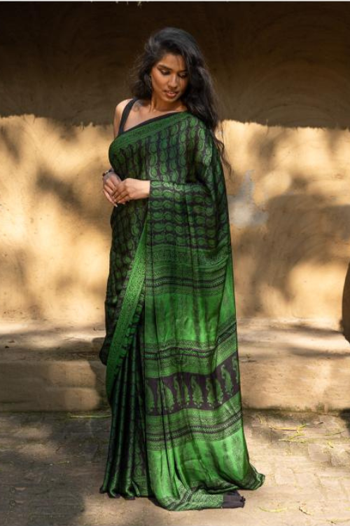 TICH Exclusive Bagh Hand Block Printed Cotton Saree - Paisley Vines