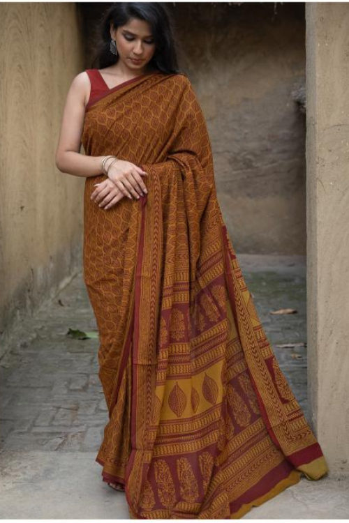 TICH Exclusive Bagh Hand Block Printed Cotton Saree - Ornate Leaf