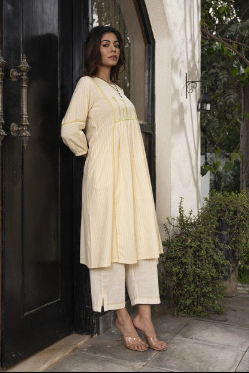 Rangsutra Suhani Cream Striped Cotton Kurta With Soof Hand Embroidery