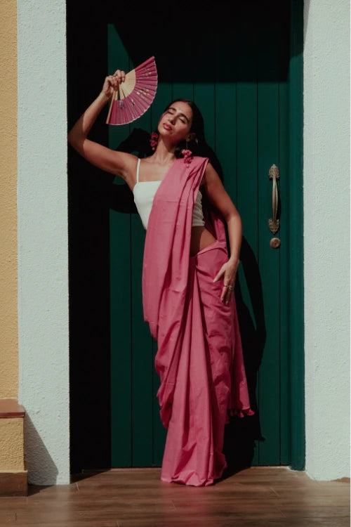 Okhai 'Blush' Hand Embroidered Mirror Work Cotton Mul Saree
