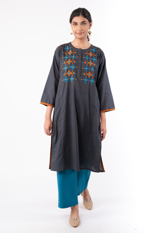 Rangsutra Naman Charcoal Soof Hand Embroidered Straight Kurta