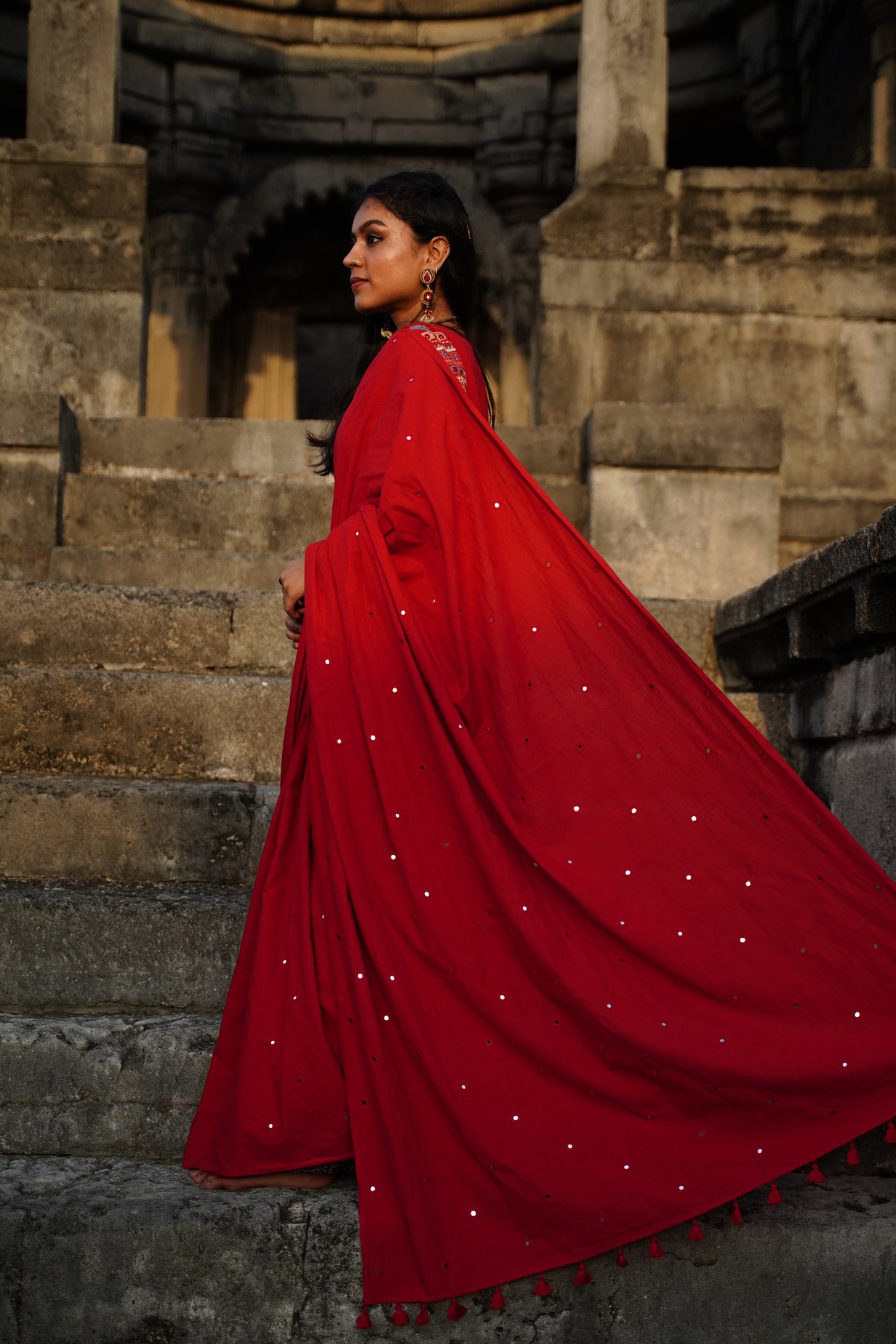 Okhai 'Embrace' Hand Embroidered Mirror Work Cotton Saree