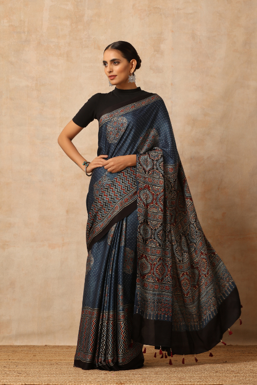 Tenaaro Ajrakh Hand Block Printed Modal Satin Saree (Indigo Blue-14)