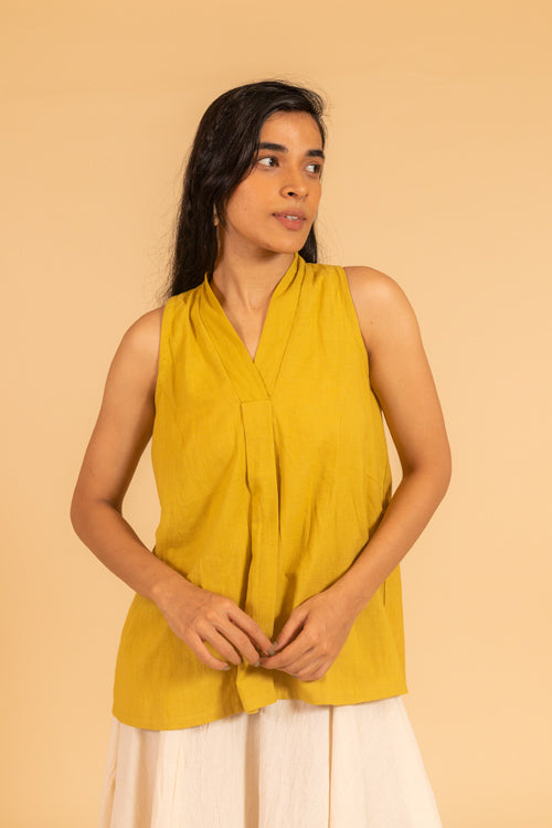 Moralfibre Over Lapping V Neck Incut Sleeve Top From "Shapes Collection " - Mustard