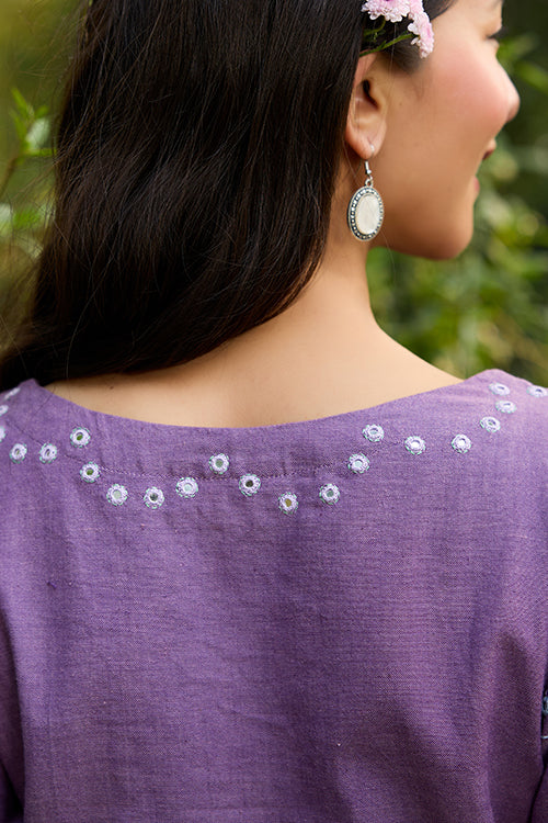 Okhai 'Oorja' Hand-Embroidery and Mirrorwork Pure Cotton Purple Top