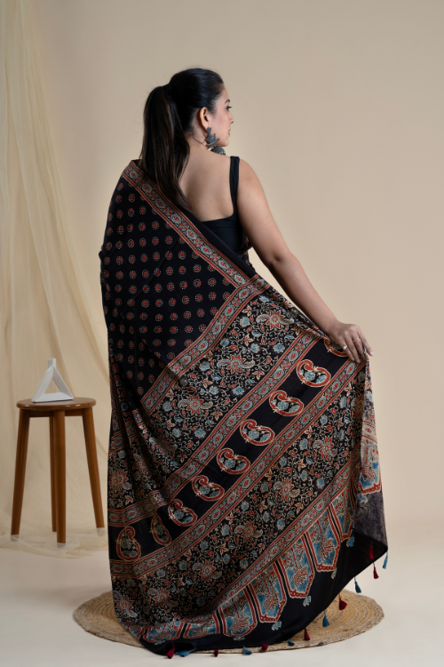 Jahangir Khatri-Traditional Ajrakh Hand Block Printed & Natural Dyed Modal Black Saree With Tassels