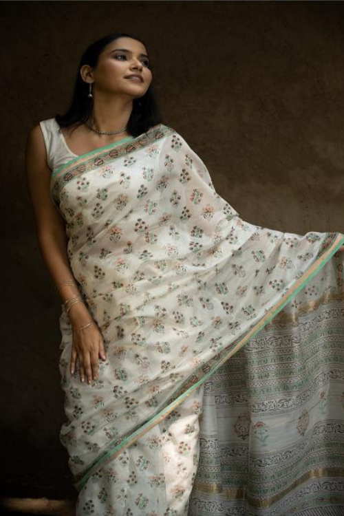 Pretty Floral Sanganeri Hand Block Printed Chanderi Saree Online