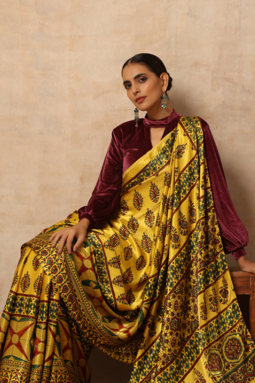Riyaz Khatri Traditional Ajrakh Hand Block Printed And Natural Dye Modal Saree With Beautiful Tassels - Yellow