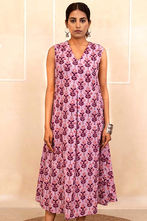 Shuddhi Lilac Bloom Handblock A-Line Dress