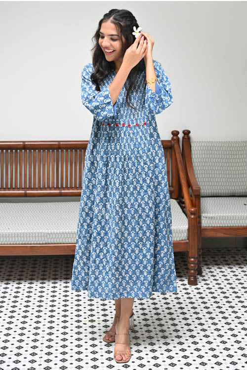 Dharan "Uno Dress" Indigo Block Printed Dress