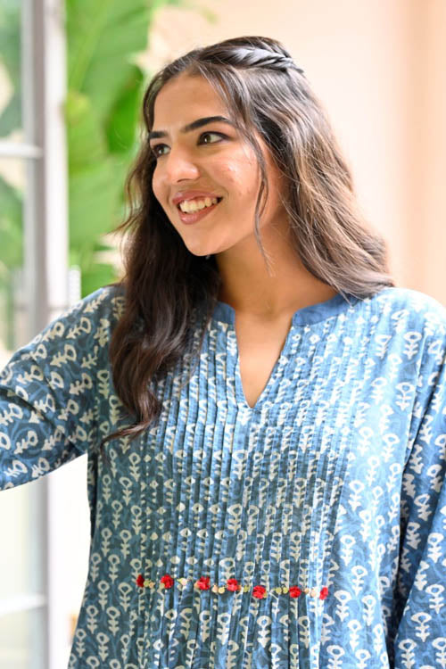 Dharan "Uno Dress" Indigo Block Printed Dress