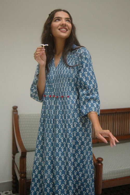Dharan "Uno Dress" Indigo Block Printed Dress