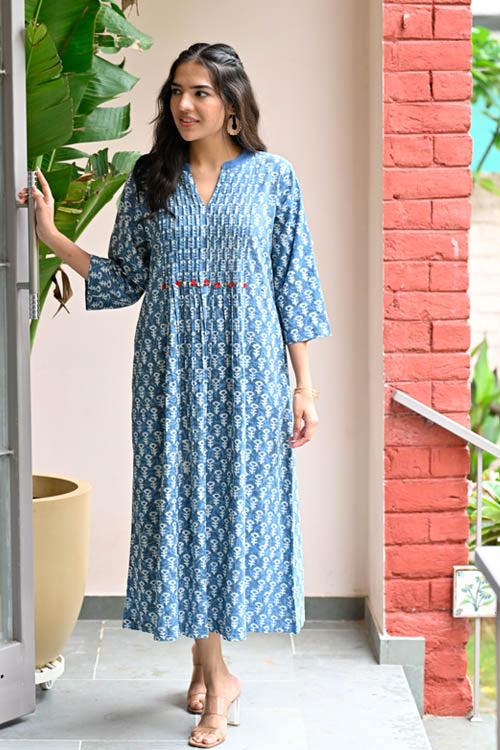 Dharan "Uno Dress" Indigo Block Printed Dress