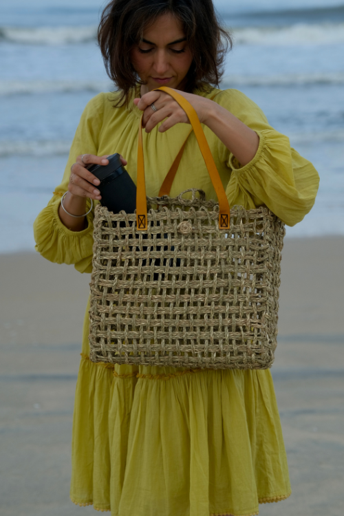 Kadam Haat Handmade Sabai Grass Mesh Bag - Large (Turmeric)