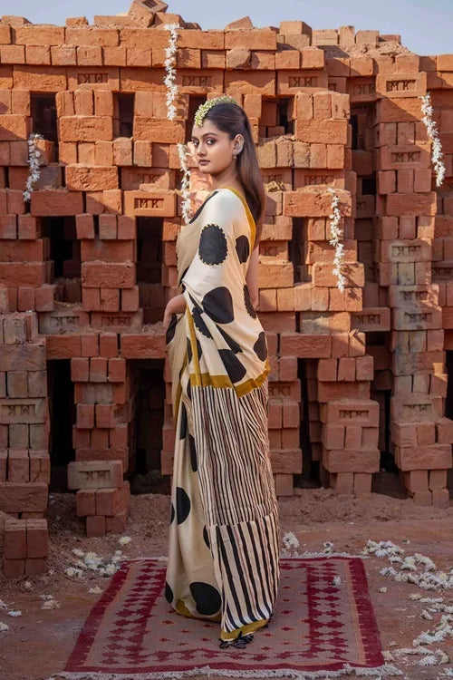 Craftroots Polka Dots Block Printed Modal Silk Saree