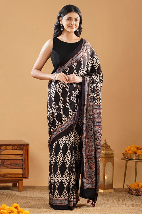 TENAARO Diamond Black Ajrakh Hand Block Printed Modal Silk Saree