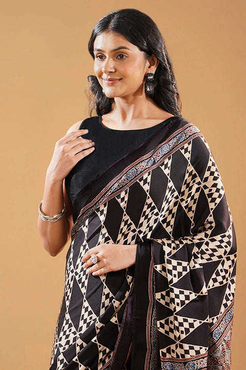 TENAARO Diamond Black Ajrakh Hand Block Printed Modal Silk Saree