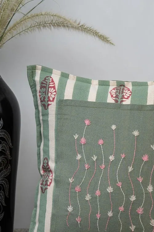 Craftroots Peach & Mint Daisy Hand Block And Aari Work Cushion Cover Set Of 2