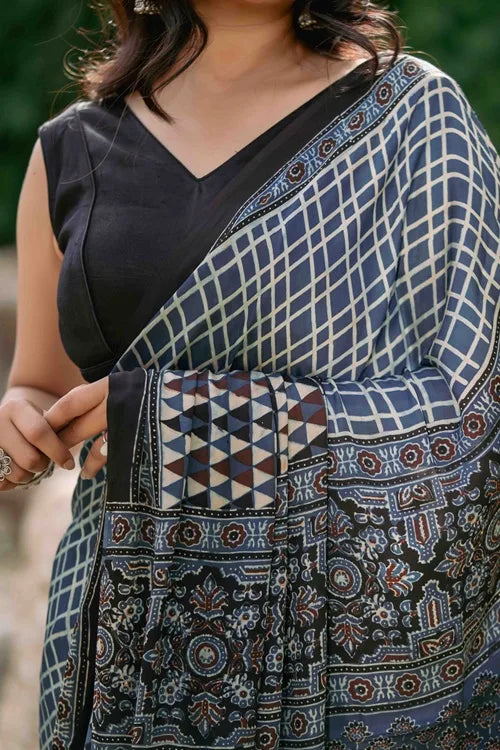 Craftroots Contemporary Ajrakh Modal Saree With Crafted Tassels