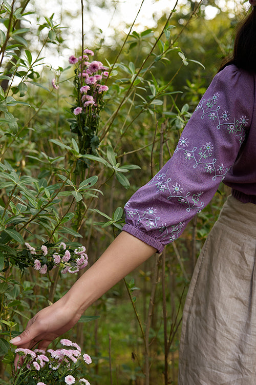 Okhai 'Oorja' Hand-Embroidery and Mirrorwork Pure Cotton Purple Top