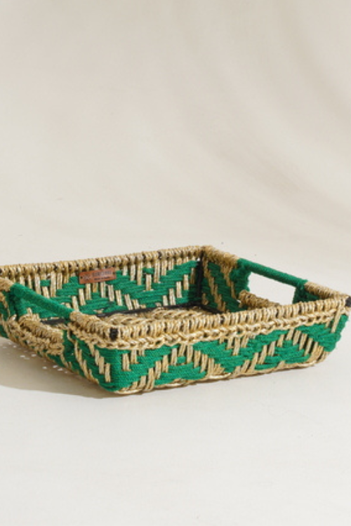 Sirohi Handwoven Multipurpose Tray | Mehndi | Green & Gold