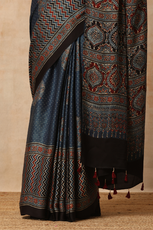 Tenaaro Ajrakh Hand Block Printed Modal Satin Saree (Indigo Blue-14)