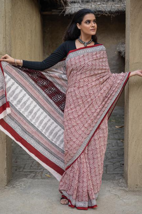 TICH Exclusive Bagh Hand Block Printed Cotton Saree - Red Floral