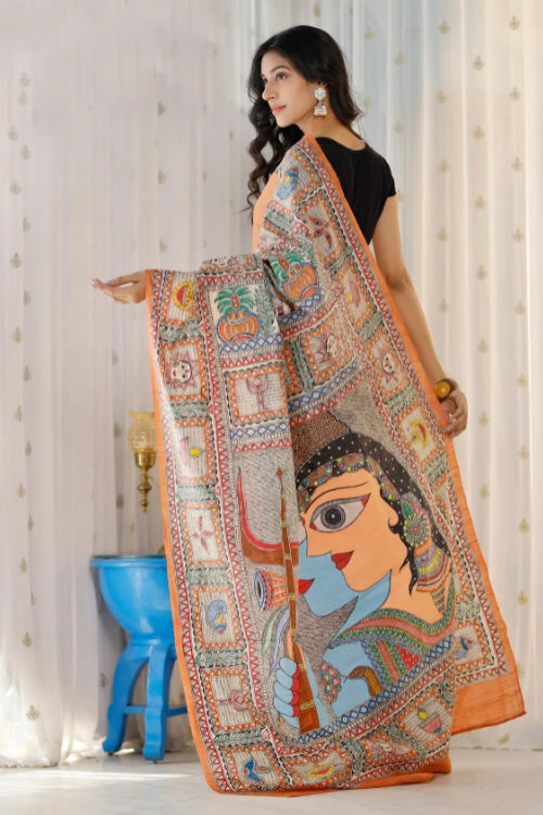 Diorama Designs Madhubani Hand-painted Shiv Parvati Silk Saree