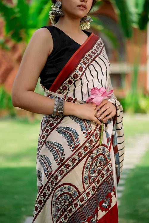 Craftroots Ajrakh Modal Silk Red and White Saree