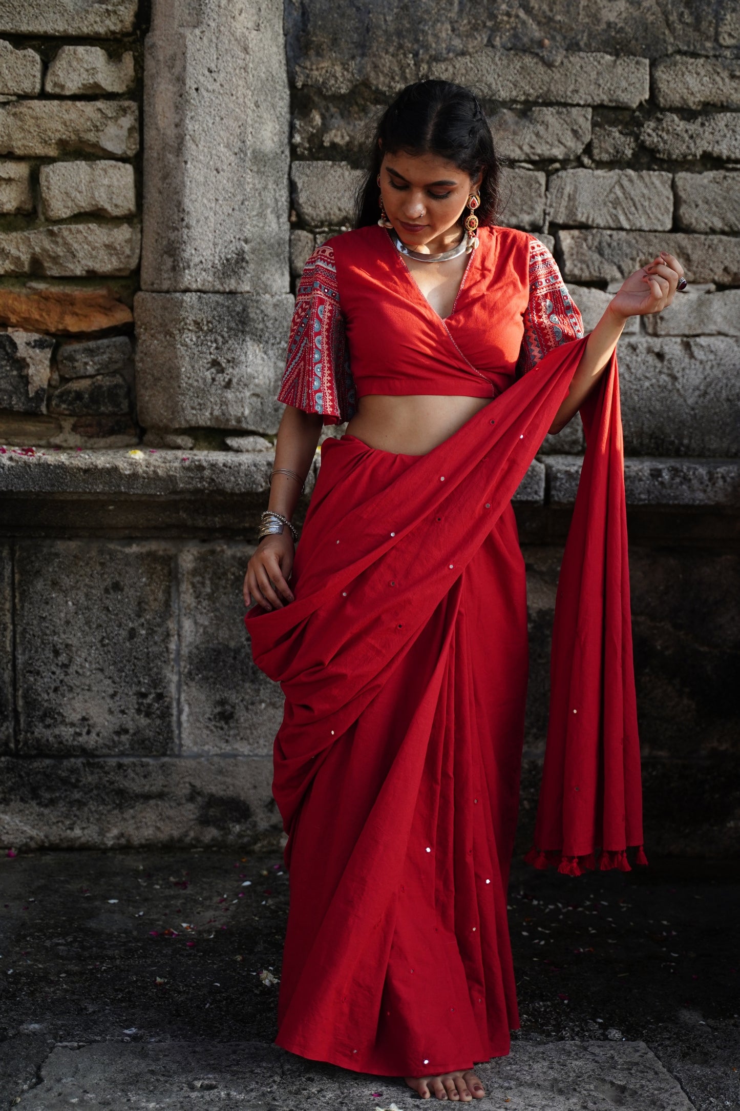 Okhai 'Embrace' Hand Embroidered Mirror Work Cotton Saree