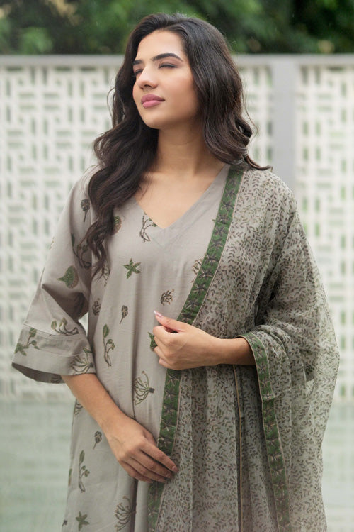 Dharan Hand Block Print "Grey Aura Suit Set"