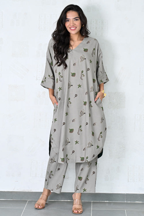 Dharan Hand Block Print "Grey Aura Suit Set"