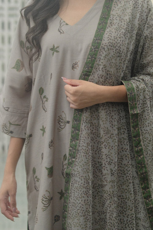 Dharan Hand Block Print "Grey Aura Suit Set"