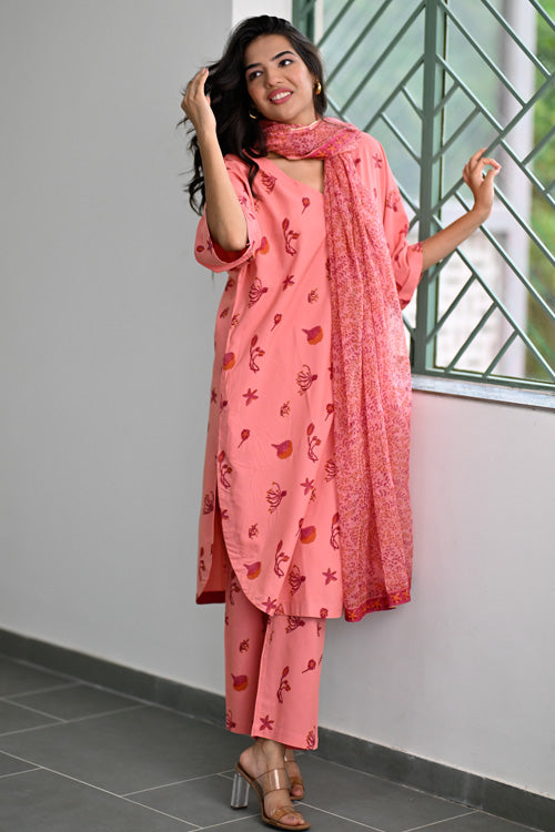 Dharan Hand Block Print "Peach Aura Suit Set"