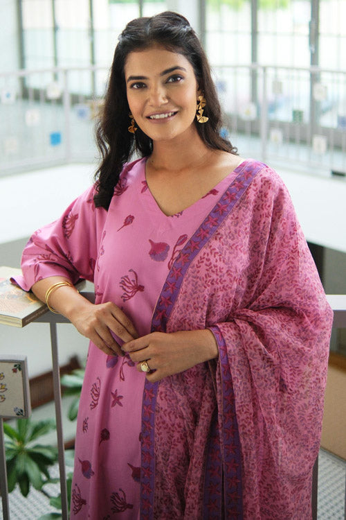 Dharan Hand Block Print "Pink Aura Suit Set"
